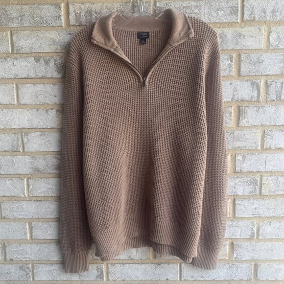 J. Crew Long Sleeve 1/4 Zip 100% Cotton Beige Waffle Knit Sweater Men's Size L - Picture 1 of 7